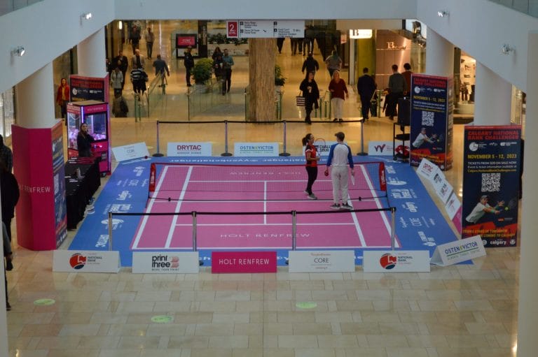 Print Three Calgary aces tennis court floor graphics project with Drytac SpotOn Floor 200.