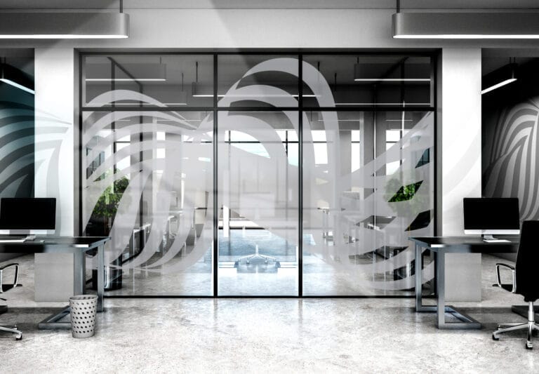 Luxury coworking office interior with equipment, furniture, glass, reflections and concrete floor. 3D Rendering